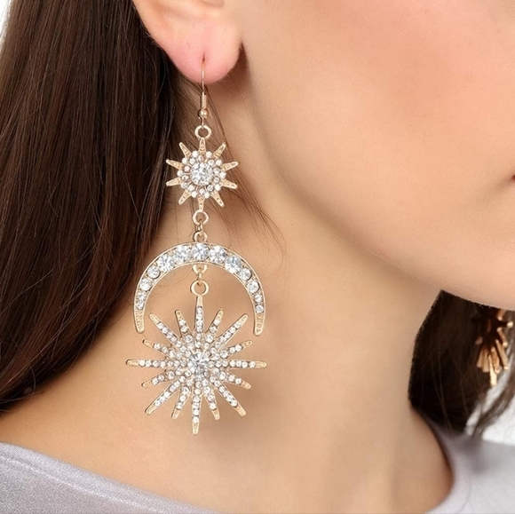 CRYSTAL Sun Moon Stars Drop Statement Earrings Rhinestone Gold Boho Vintage - Picture 1 of 3